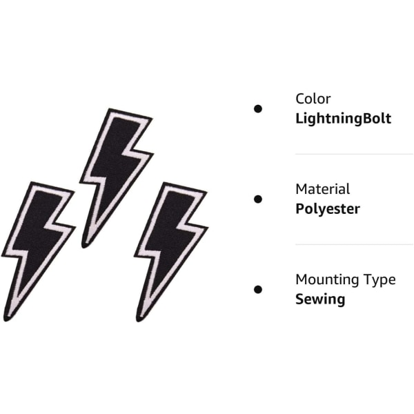 Ompele tai silitä päälle, 3 kpl salama-rautamerkkejä, mustat kirjontamerkit, musiikkiyhtyeen merkit, merkit vaatteisiin, koko 2,5x0,8 tuumaa