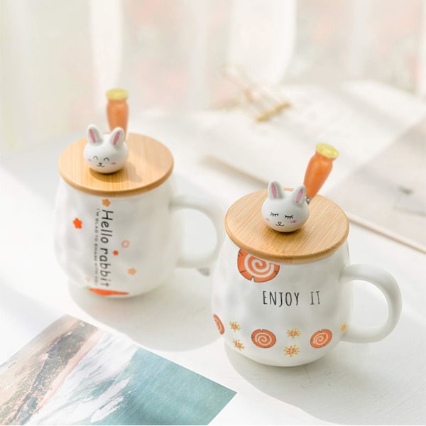 Frukostmugg Present till Vänner Katt Kaffe Mugg 400ml Kanin Te Koppen med Lock Sked (Orange Vit)