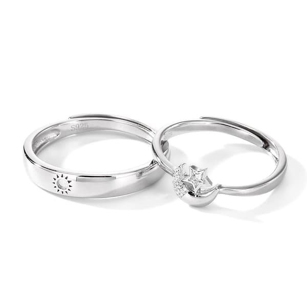 1 Par Justerbara Parringar Sterling Silver Rund Graverad Måne Sol Förlovningsringar Silver