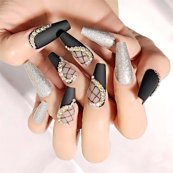 Lange trykk på negler Falske negler med lim Akryl falske negler med hjerte 3D Rhinestones design Sølv glitter Kunstige falske fingernegler, 24 stk