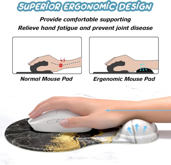 1 stk. Ergonomisk musemåtte med håndledsstøtte, gel musemåtter med skridsikker PU-base, smertelindrende memory foam musemåtte, sort marmor