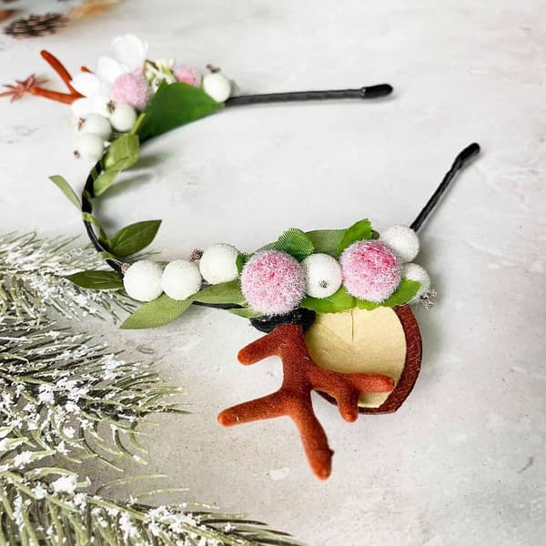 Jule-Hjortehorn Hårtilbehør, Julefest Bær Blomst Hårbånd, Hodeplagg Hårtilbehør for Kvinner Jenter (D)