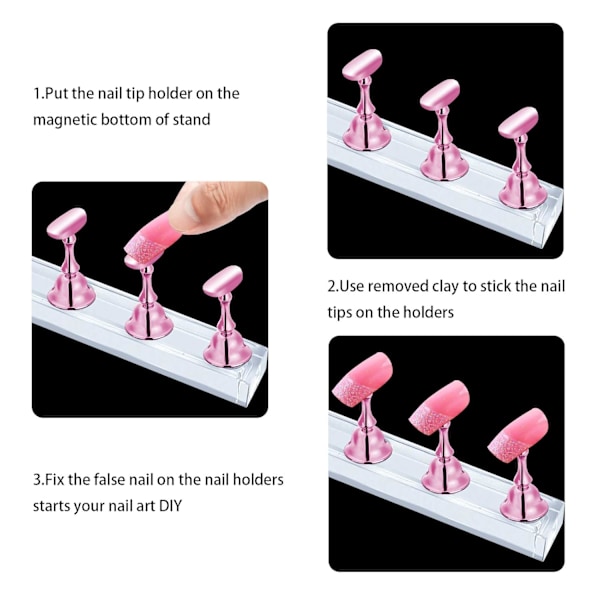 2 sæt pink negleholder til tryk på negle display, magnetisk falske negleholder til maling af negleøvelser, begynder neglekunst tilbehør