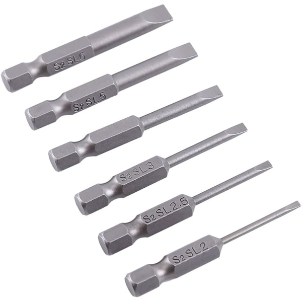 6pcs 50mm 2.0-6.0mm Flat Head Slotted Bit Screwdriver Bits Set S2 Alloy Magnetic 0.25" Hex Slotted Screwdriver Bits