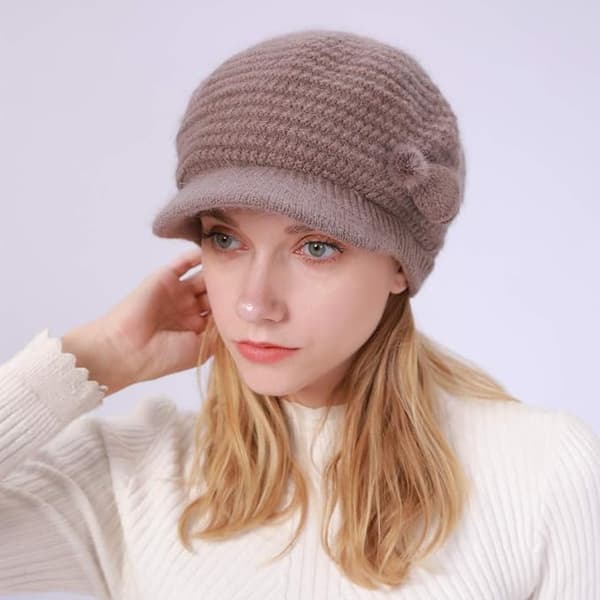 Dame vinter strikkede luer, luer, ullbereter Khaki