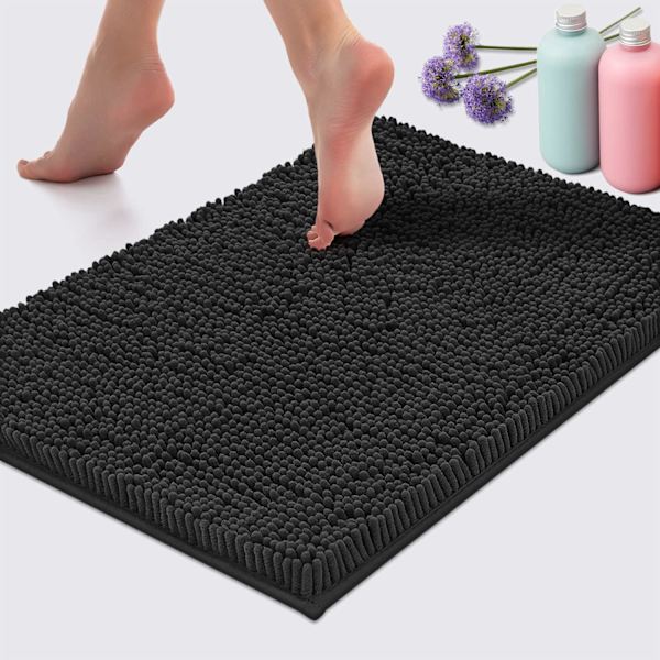 Bademåtte - Ekstra blød plys badeværelsesmåtte, Chenille mikrofiber materiale, Superabsorberende shaggy bademåtte (40 x 60 cm, Sort)