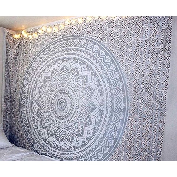 Metallisk sølv Tapestry grå Mandala veggtepper, Hippie Tapestry Boho Decor, Yoga Meditasjonsmatte Tepper