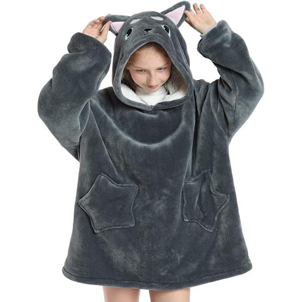 Oversized hettegenser teppe for barn myk varm koselig bærbar teppe genser fleece sherpa teppe med lommer Husky