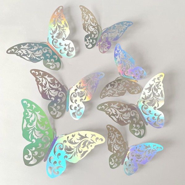 3D sommerfugl veggdekor, 24 STK avtakbare hule sommerfugl veggklistremerker, sølv sommerfugl veggdekor D style