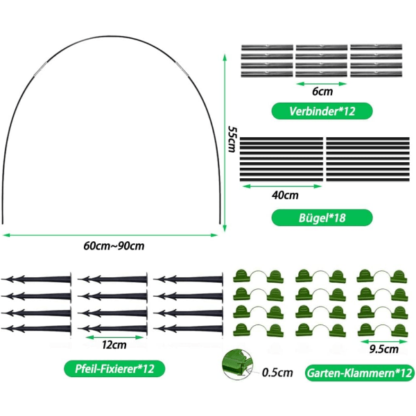 Växthustunnel i folie, bågar för folietunnel, trädgårdstunnel, växthusdäck i glasfiber, tunnelbågar för upphöjd bädd, trädgårdsdäck 18 st