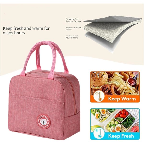 Frokosttaske, sød pap-isoleret madkasse, genanvendelige frokosttasker, vandtæt frokosttaske, foldbar frokosttaske til kvinder, mænd, børn og studerende Pink