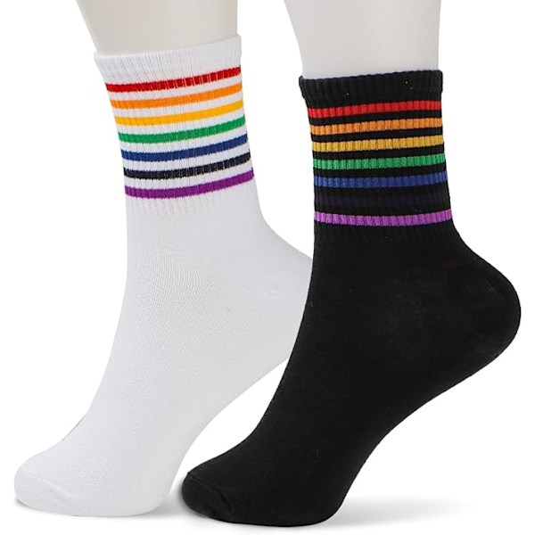 Damstrumpor i Bomull med Regnbågsrandiga 35-39 Vita Svarta Mid-Calf Pride Day + Regnbågs Sportstrumpor Löpning Casual Present till Vän 2 Par