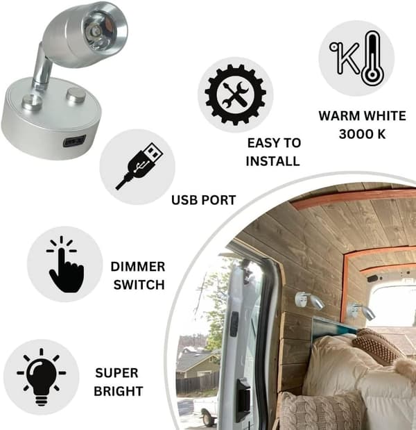 LED Leselys 12V-24V 3W Krom Spotlight, Berøringskontrollert Bryter, USB-Lading, For Caravan Bobil Båt Sengelampe
