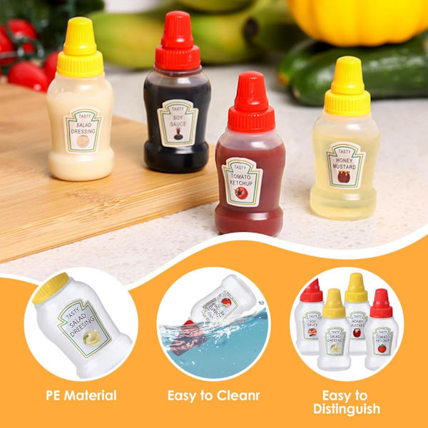 4 st Mini Ketchup Dispenser, 25 ml Ketchup/Honung/Sojasås/Sallad Pressbar Behållare, Små Pressbara Såsflaskor med Skruvlock