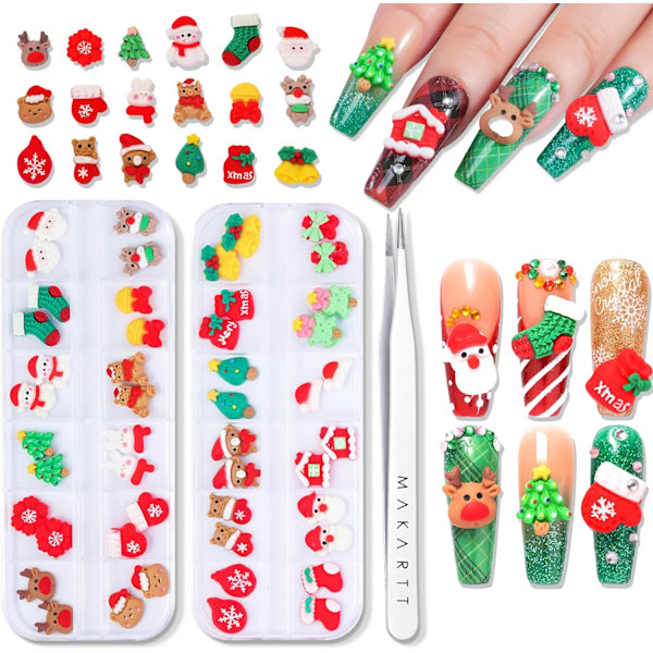 Julnagelstrass, 3D-julnagelberlocker, nyårsfalska nagelmanikyrsmycken, för DIY-nageldekoration