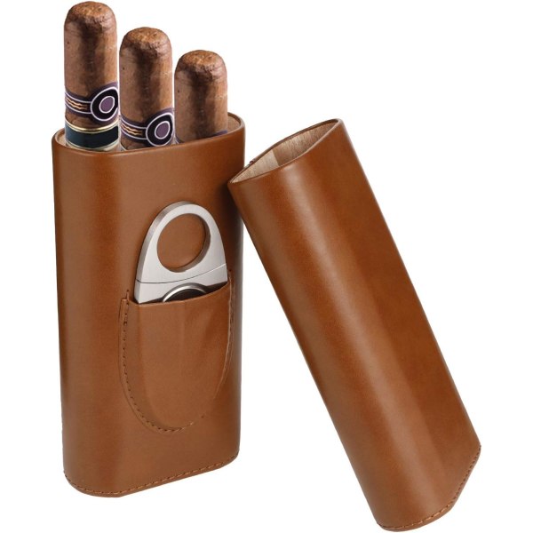 3 rör case Humidor Cigarrlåda med cigarrskärare i rostfritt stål, läderhumidorer med foder av cederträ Cigarrhållare Förvaring (brun)