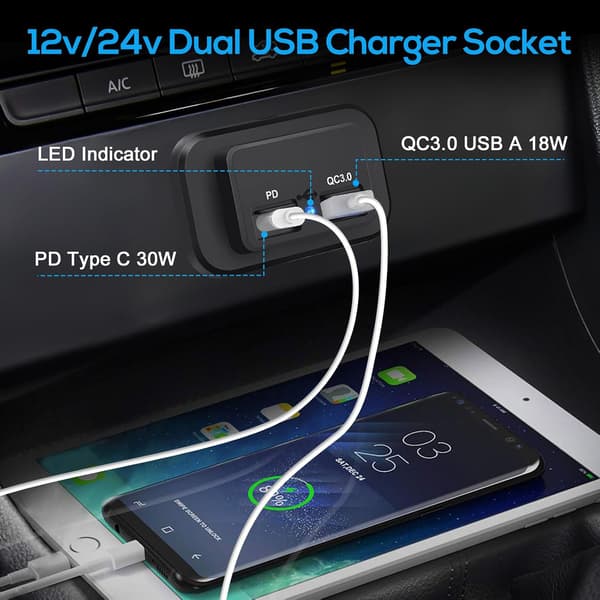 RV USB-uttak, QC3.0 USB A & USB C-porter Ladekontaktpanel, med LED-lys for 12V/24V bilbåt, 2 stk