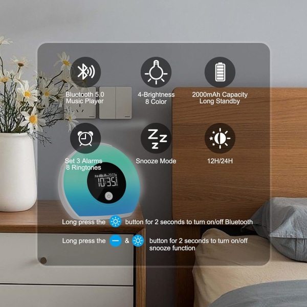 Herätysvalo Herätyskello - Lasten Yövalo Herätyskello Bluetooth-kaiuttimella, 8 Värikästä Valoa, 4 Kirkkaustasoa, torkkutoiminto