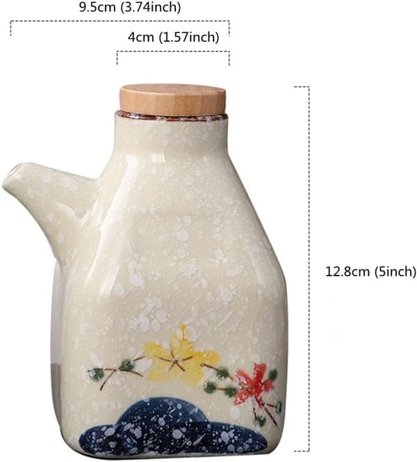 350 ml keramisk oljedispenserflaske, soyasausflaskedispenser uten drypp, olivenoljedispenser, beholder med lokk (løvverk)