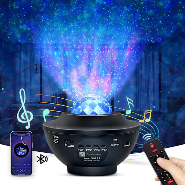Stjerneprojektor nattlys 2 i 1 LED Nebula Cloud/Roterbar Ocean Wave Projektor med fjernkontroll og Bluetooth-høyttaler