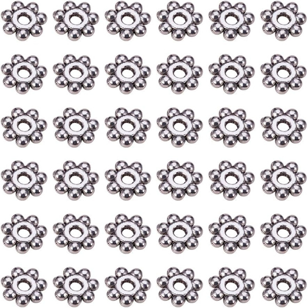36 st antika silverfärgade retro-stil jul snöflinga tusensköna distanspärlor för smyckestillverkning, ca 4 mm i diameter, hål: 1,2 mm