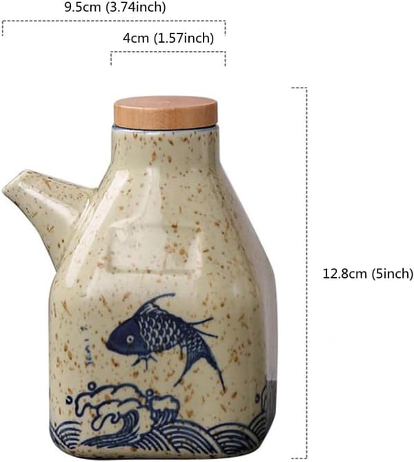 350 ml keramisk oliedispenserflaske, sojasauceflaskedispenser uden dryp, olivenoliedispenser, beholder med låg, (fisk)