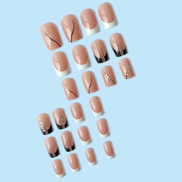 Kvadratiska tryck på naglar Rhinestone svarta falska nagelspetsar kvinnors franska falska, daglig användning artificiell nageldekoration, 24 st