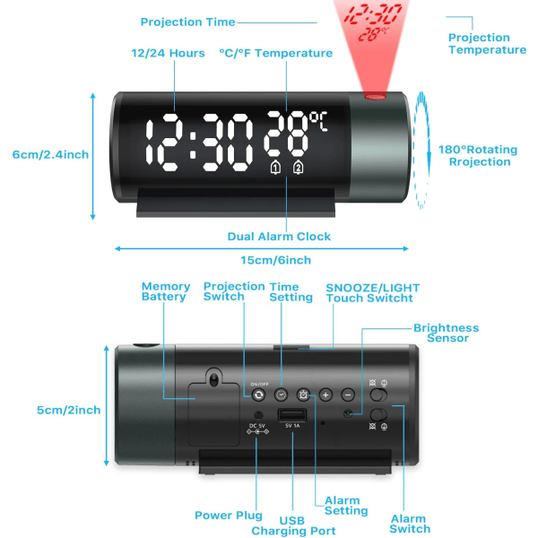 Projektionsväckarklocka, digital klocka med 180° roterbar projektor, projektionsväckarklocka med takprojektion, dubbel väckarklocka, 12/24 timmar