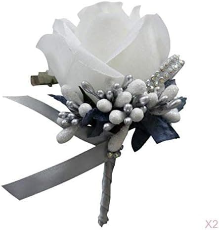 2x Bröllopsbröstblommor för män, bröllopsblommor, knapphål, tillbehör, brudgum, bal, fest, kostymdekoration, silverfärg, vit, grå
