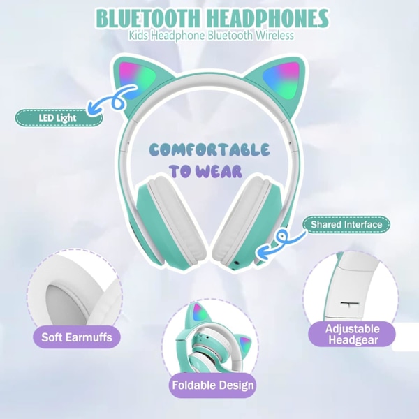 Langattomat lasten kuulokkeet LED-valoilla, kissankorva-kuulokkeet tytöille ja pojille, kokoontaitettavat Bluetooth-kuulokkeet mikrofonilla TV:tä varten, syntymäpäivä-/joululahja