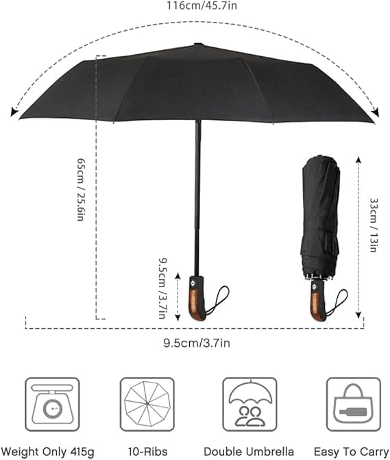 Automatisk Sammenfoldelig Paraply, Kompakt Solid Sort Sammenfoldelig, Vandtæt, Vindtæt Rejseparaply med 10 Ribber Diameter 106 cm