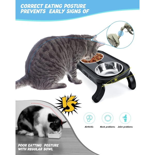 Kattmatskåler med Stativ, Heltbar Justerbar, Høydejusterbar Matskål for Katter og Små Hunder, 2 Rustfrie Stål Kattmatskåler