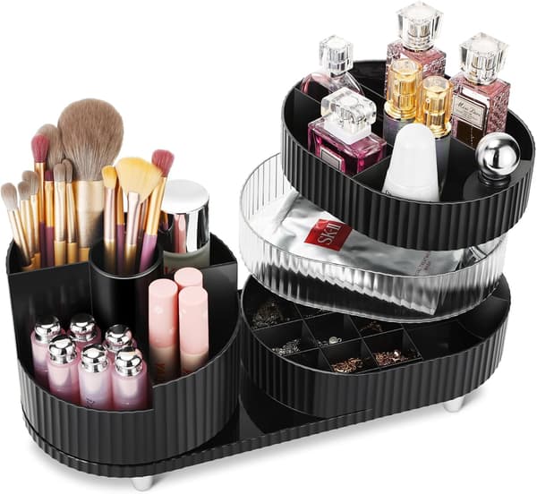 Makeup Organizer, 360° Roterende Make Up Organizer med 3-lags rum, Perfekt til Kommode, Badeværelse, Soveværelse (Sort, Tre lag)