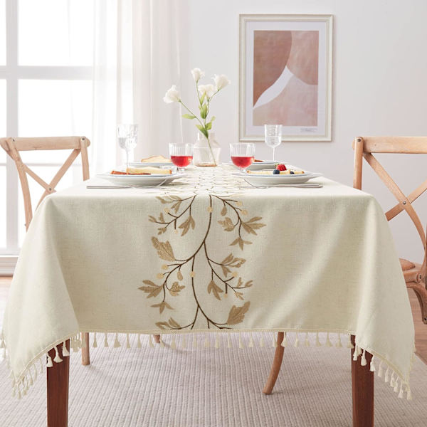 Bomullslinduk for spisestue, brun bladformet duk med beige dusker