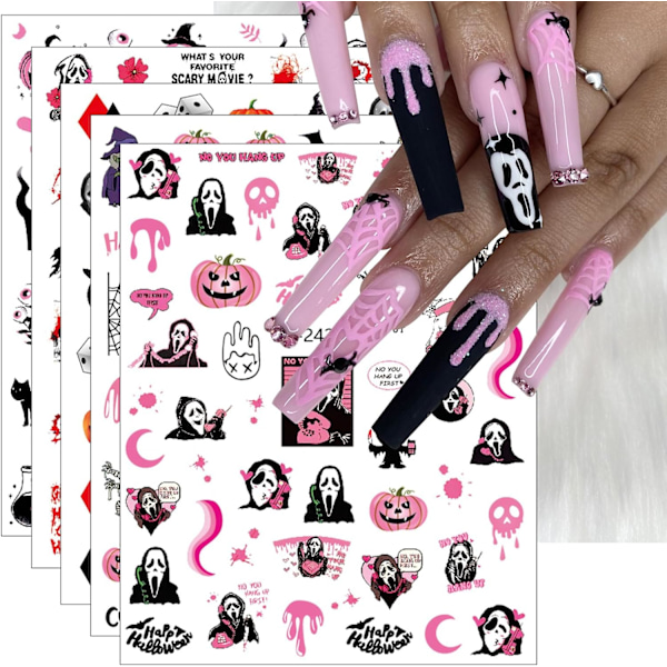 12 Sheets Halloween Nail Art Stickers Decals Self-Adhesive Skull Cute Horror Ghost Pumpkin Pink Nail Supplies Nail Art Design