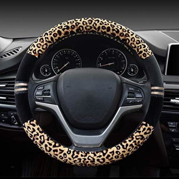 Plysj bilrattdeksel, Universal bilrattbeskytter for bil/lastebil/SUV/varebil Diameter 38cm Leopardmønster Gult