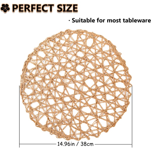 Flettede plassmatter, sett med 12, store runde hule bordmatter, sklisikre og varmebestandige flettede spisematter