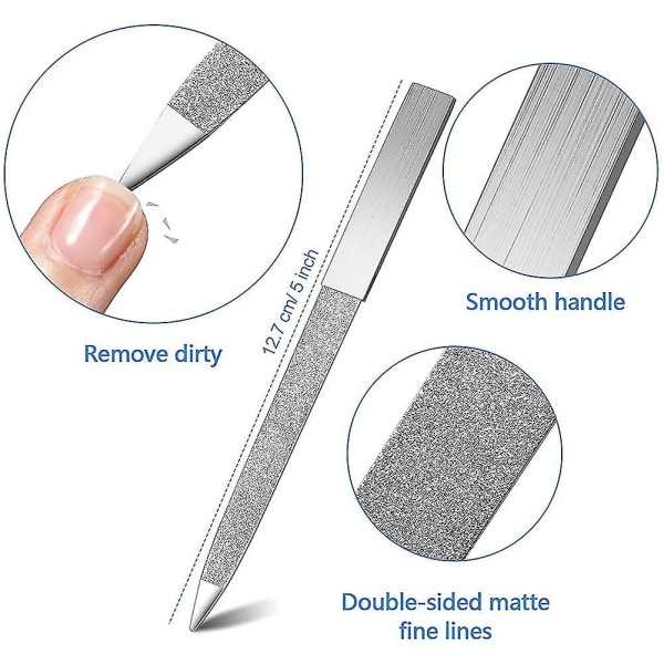 6-pack diamant nagelfil i rostfritt stål, dubbelsidig nagelfil i metall