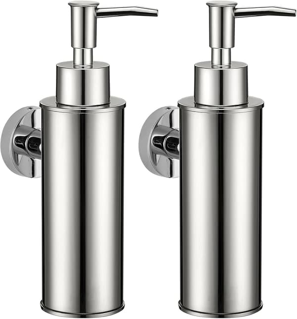 Väggmonterad 304 rostfri tvåldispenser 2-pack för badrum kök heminredning (rund, krom)