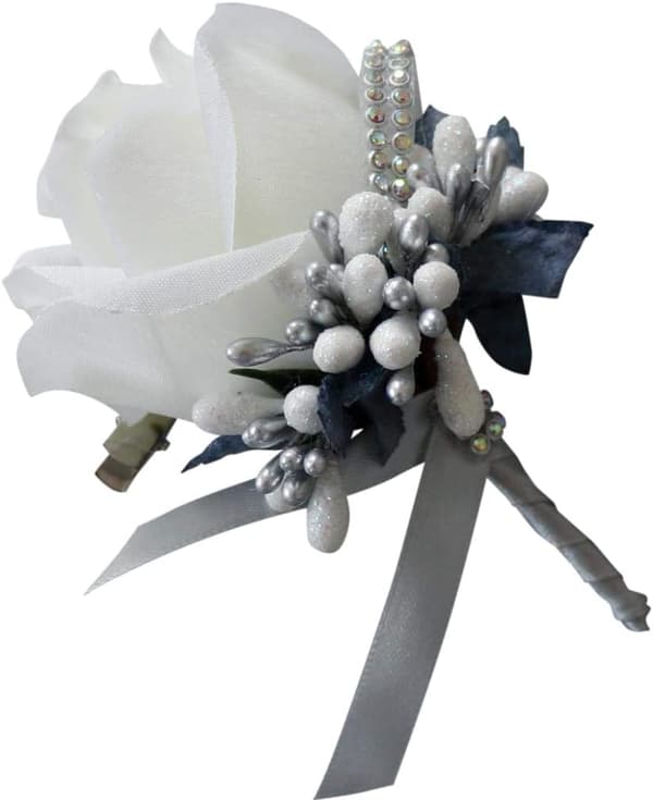 2x Bröllopsbröstblommor för män, bröllopsblommor, knapphål, tillbehör, brudgum, bal, fest, kostymdekoration, silverfärg, vit, grå
