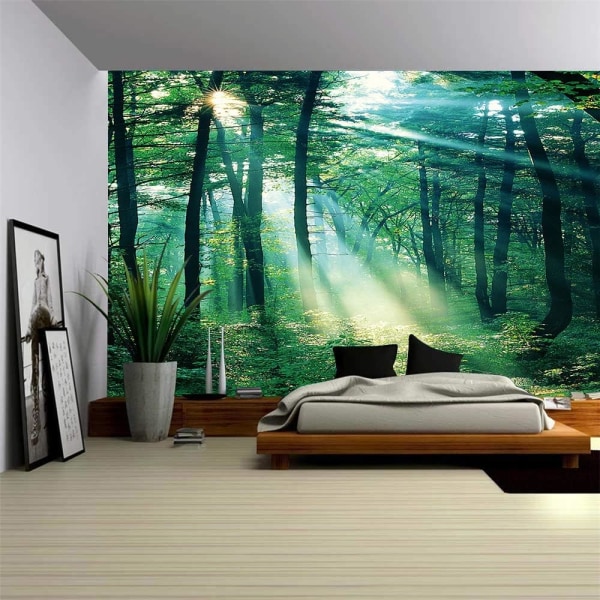 Vihreä sumuinen metsäkuvioinen, seinälle ripustettava, maisemakuvioinen auringonpaiste puiden läpi seinävaatteita sisustus 200x150cm
