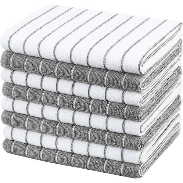 Mikrofiber Diskhanddukar - 8-pack (Ränder Design Grå och Vita Färger) - Mjuka, Superabsorberande, 45 x 65 cm