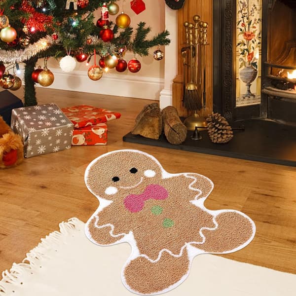 Antislip Polyester Pepperkake Dekor Matte, Låst Kant, Søt Julekjøkkenmatte, for Dørgang Juledekorasjon