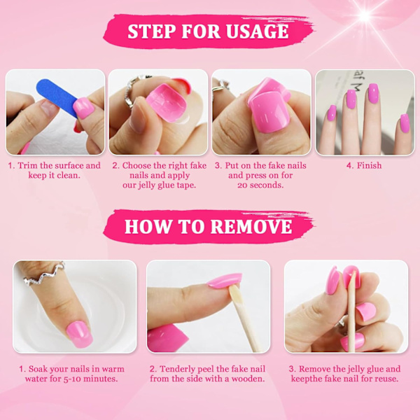 Trykk på franske negler firkantede falske negler rosa hvit gradient negletips akryl full dekning glitter selvklebende for kvinner jenter 24 stk