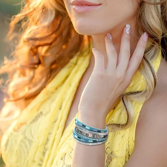 Læder Wrap Armbånd til Kvinder, Boho Leopard Multi-Layer Krystal Perler Manschet Armbånd Smykker blue