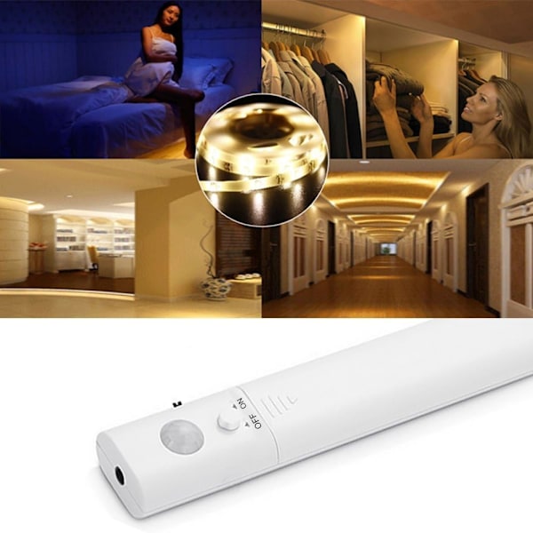 Rörelsesensor garderobslampa, LED-remsa nattlampa, 3000K varmt vitt ljus, PIR automatisk på/av, batteridriven 1 meter