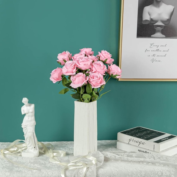 12 stk. kunstige silkeblomster realistiske roser buket lang stilk til hjem bryllup dekoration fest (12 stk.-Pink)