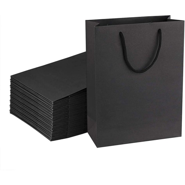 Svarta presentpåsar, 15 st medelstora svarta presentpåsar i papper med handtag, 15 x 6 x 20 cm återanvändbara festpåsar för födelsedag, bröllop, julfest