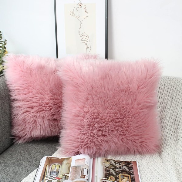 Poskipunavaaleanpunaiset tyynynpäälliset Pakkauksessa 2 pörröistä pehmeää tekoturkista neliönmuotoista tyynyliinaa, koristeellinen sumea case 40 cm x 40 cm vuodesohvaan olohuoneeseen
