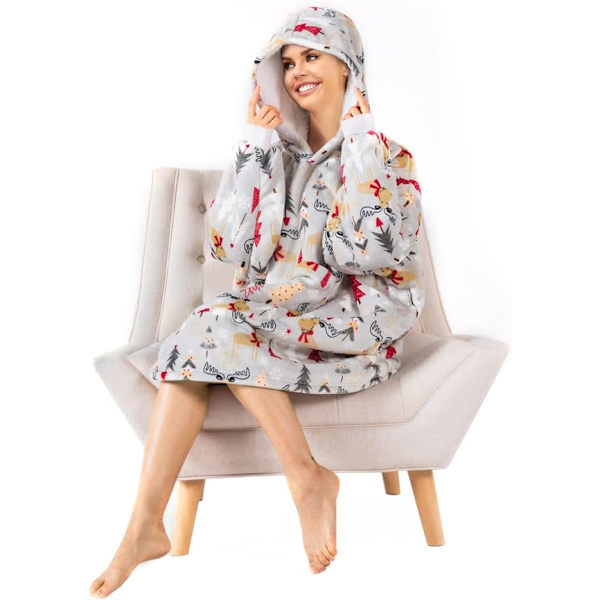 Oversized bærbare tæpper, blødt plys trykt Sherpa tæppe sweatshirt med lommer, one size fits all Elk